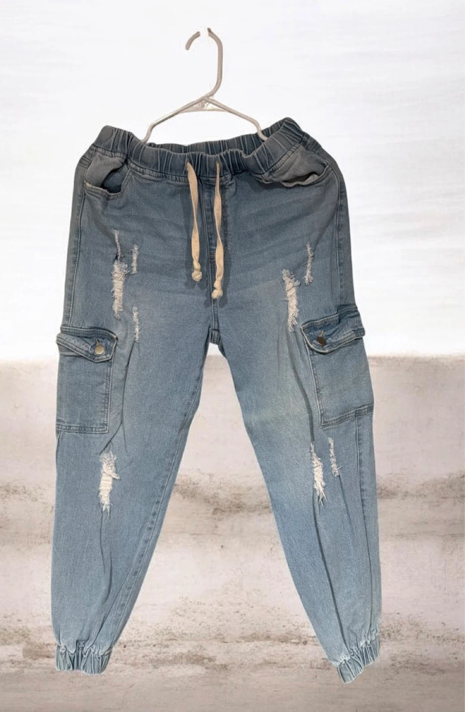 Distressed Denim Cargo Jogger Pants