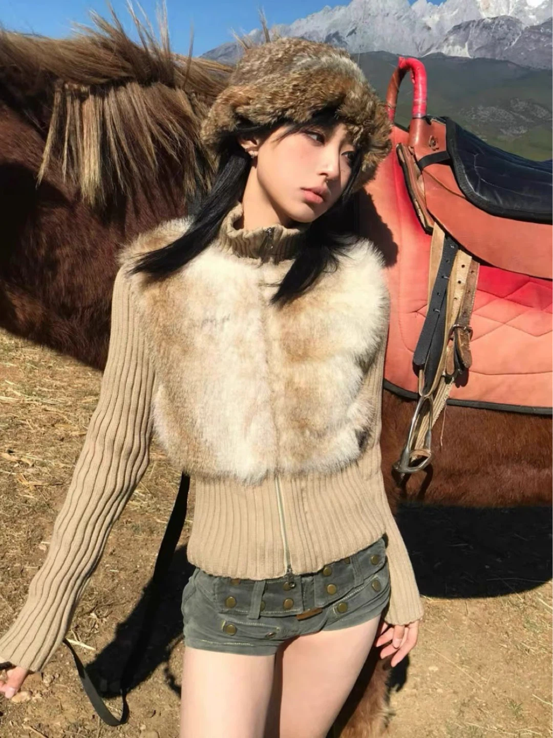 Faux Fur Trimmed Knit Sweater and Button-Detail Shorts
