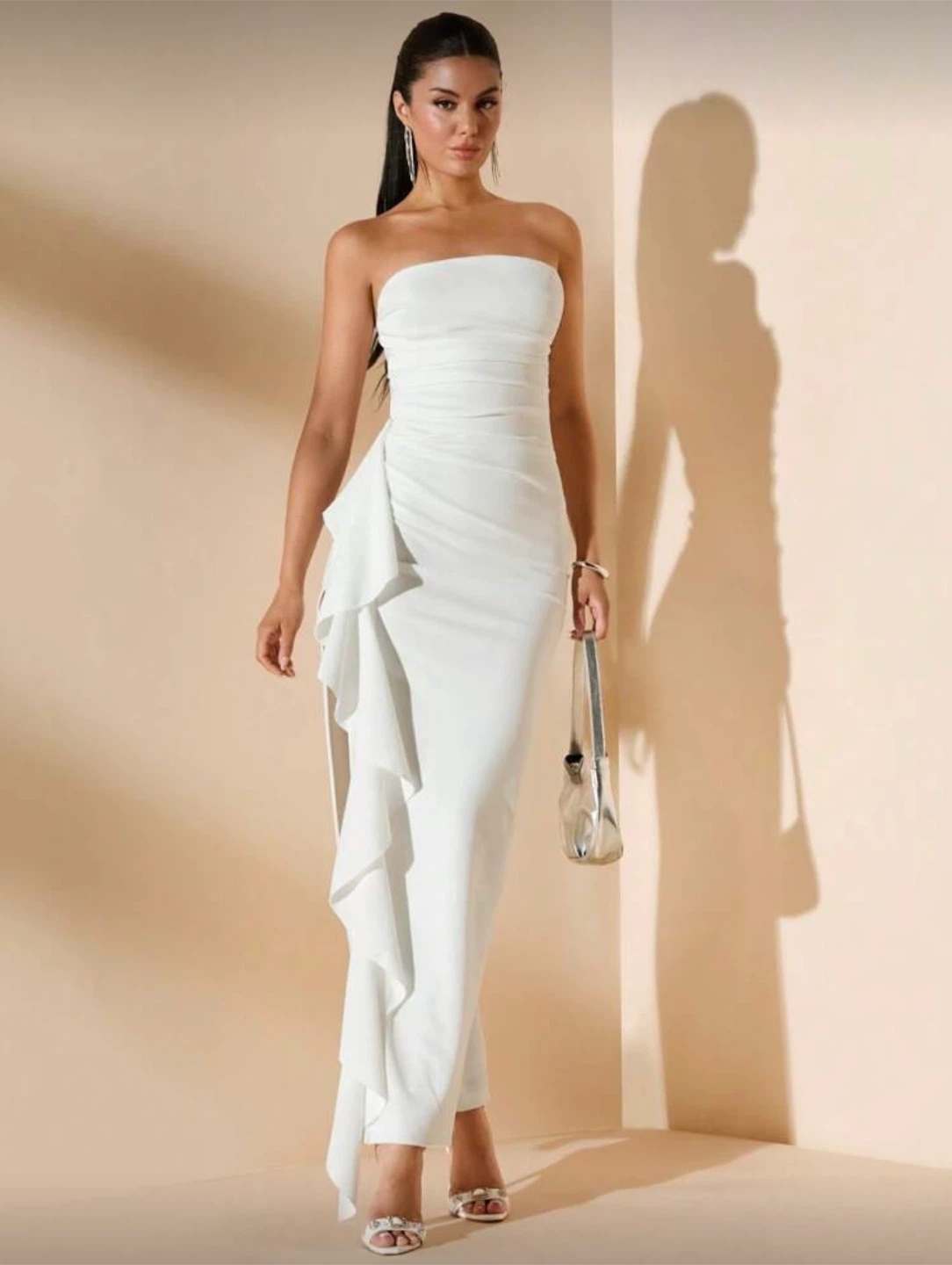 White Strapless Maxi Dress with Ruffle Detail