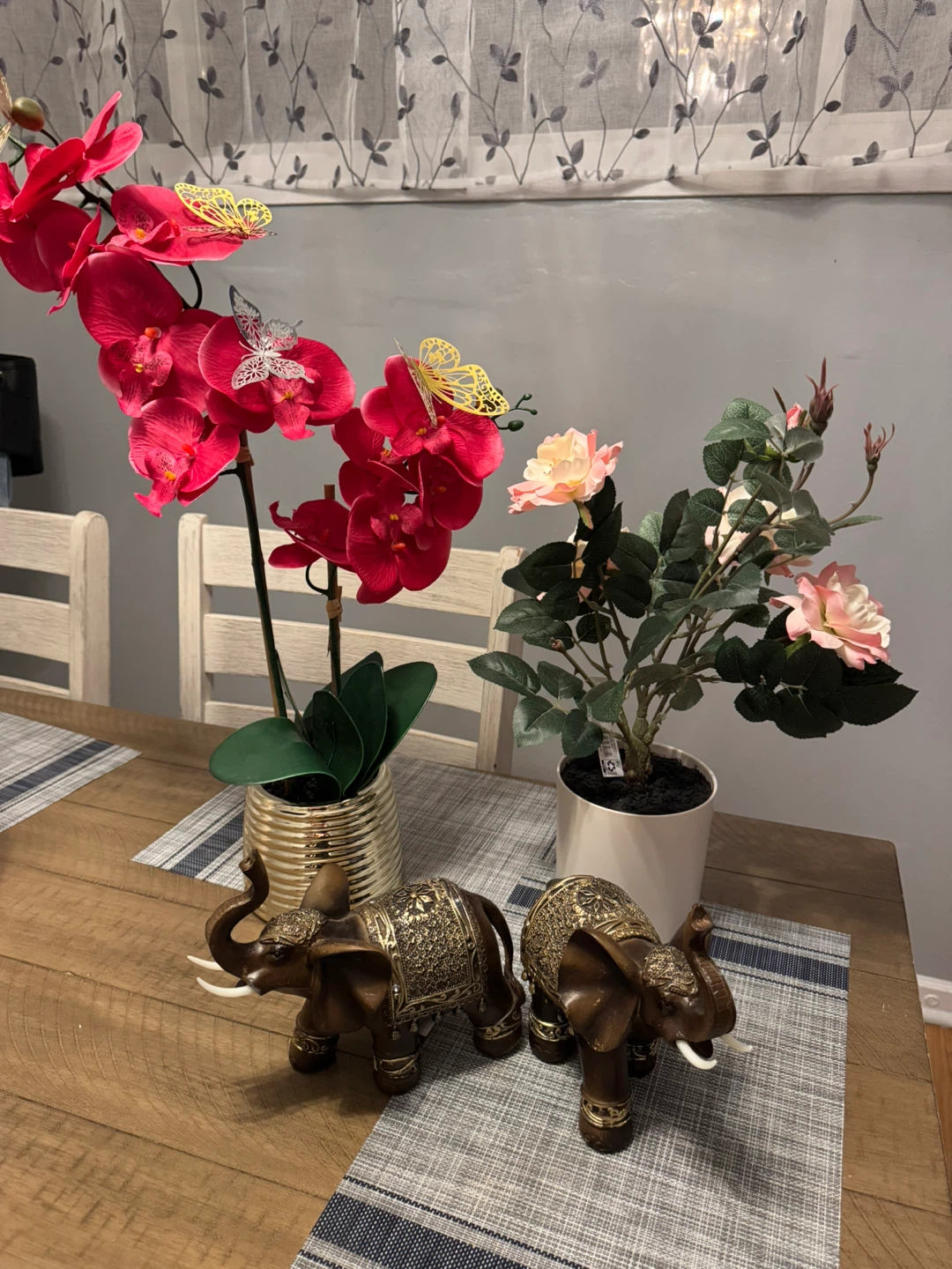 Artificial Orchid and Rose Arrangement with Elephant Decor