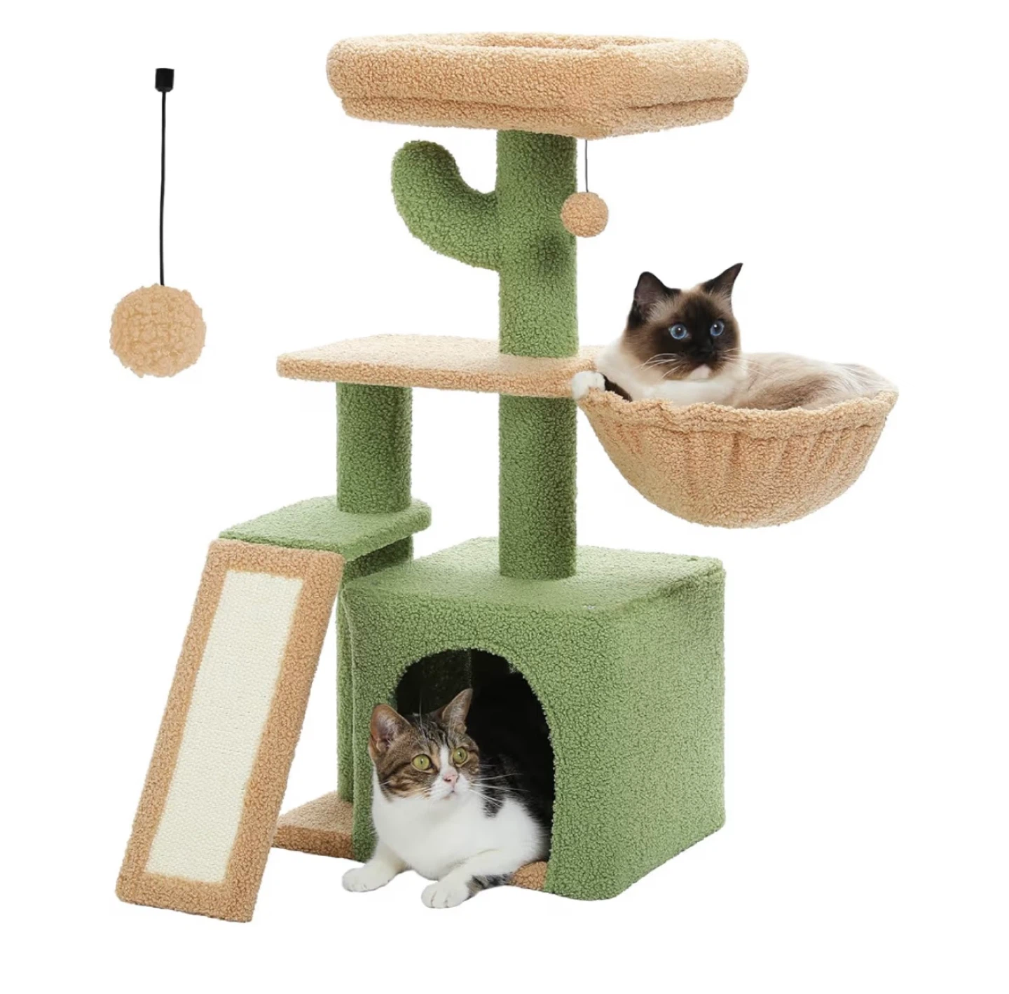 New - Green & Tan Cat Tree Condo with Hammock and Scratch Ramp
