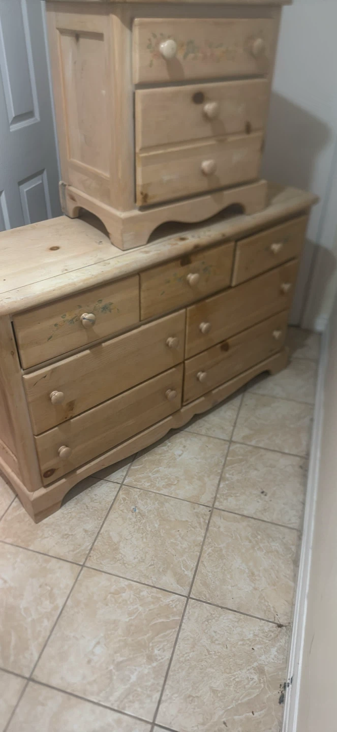Wooden Dresser and Top Unit with Floral Accents
