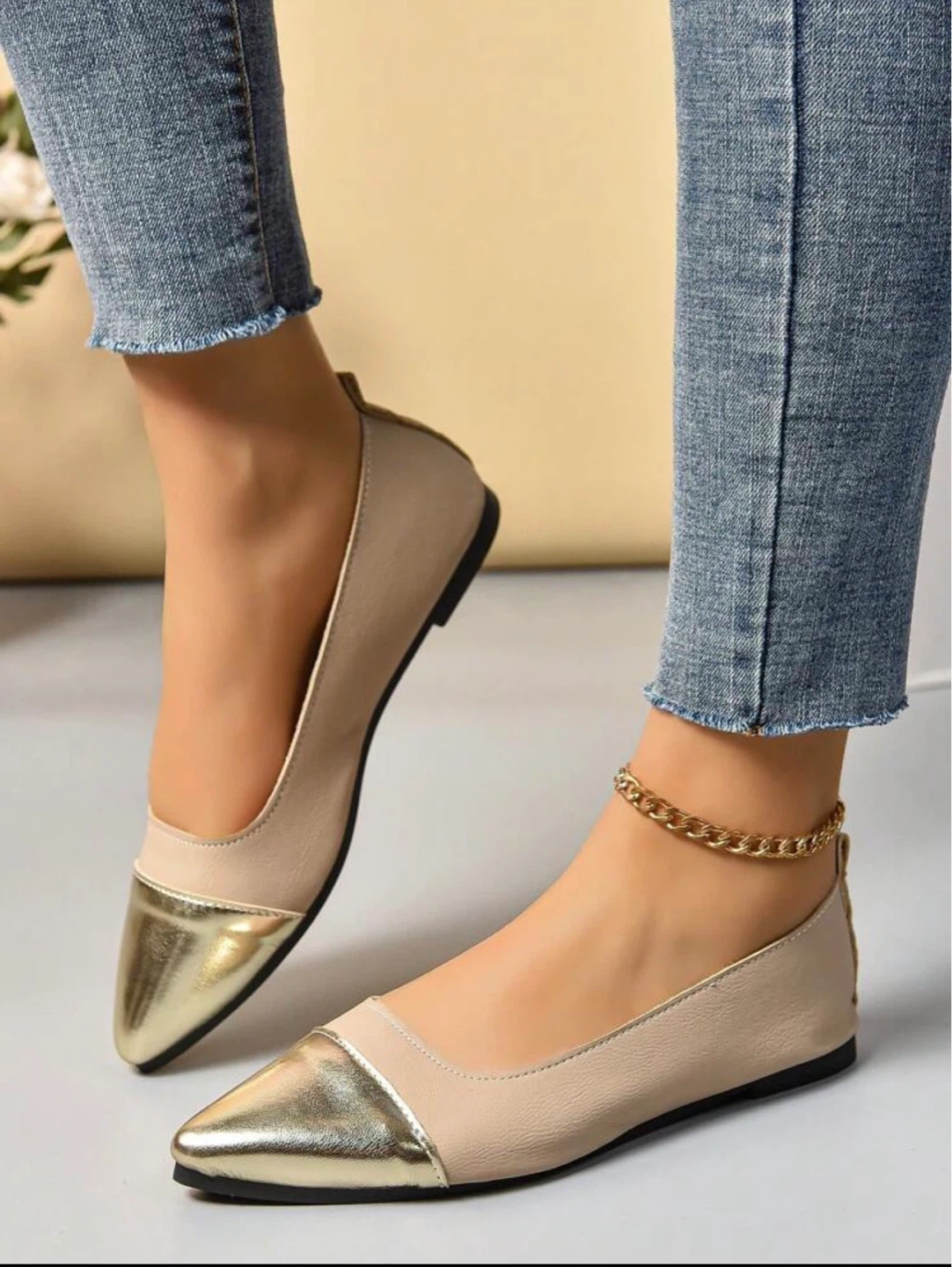 Women's Beige and Gold Cap Toe Flats - photo 4