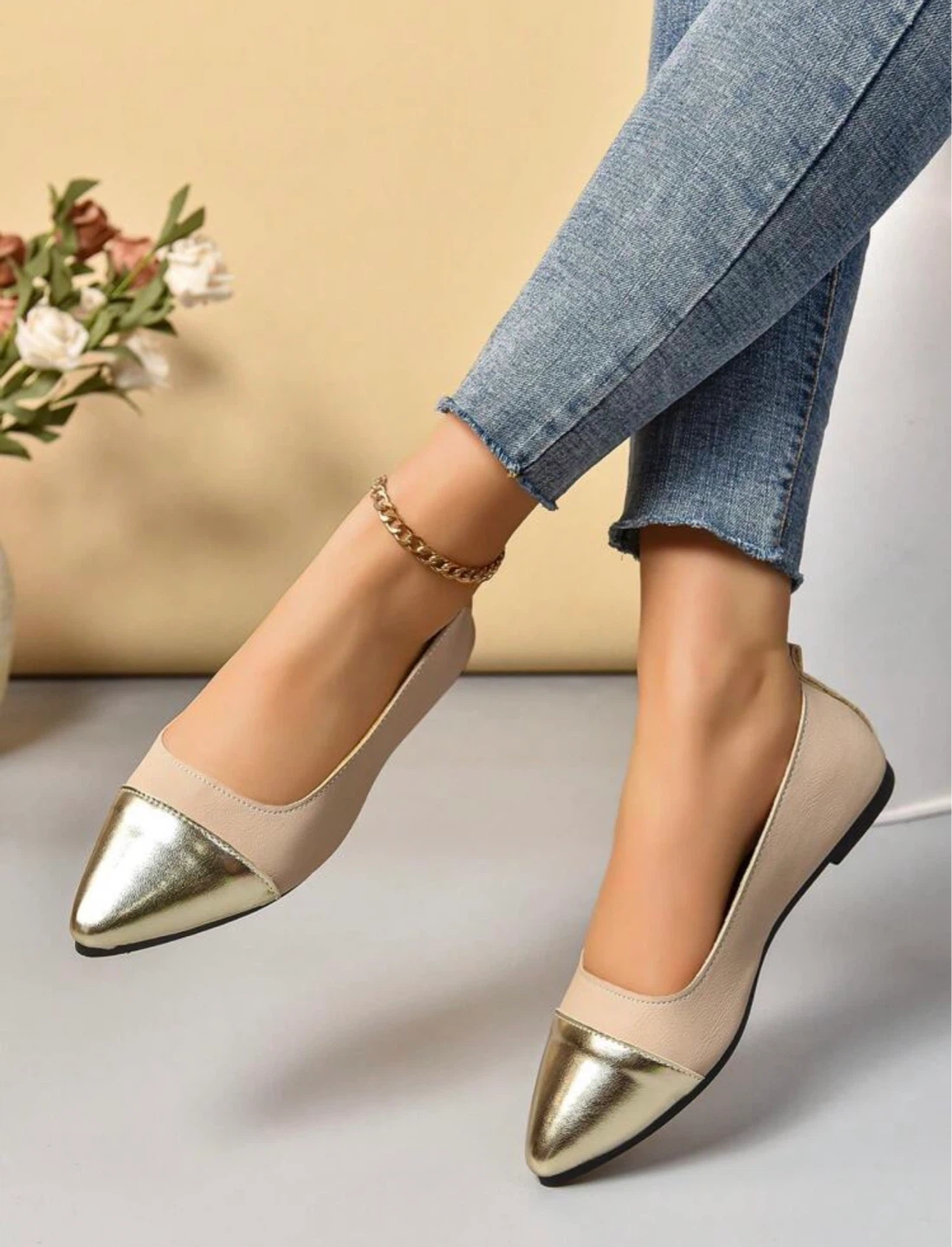 Women's Beige and Gold Cap Toe Flats - photo 2