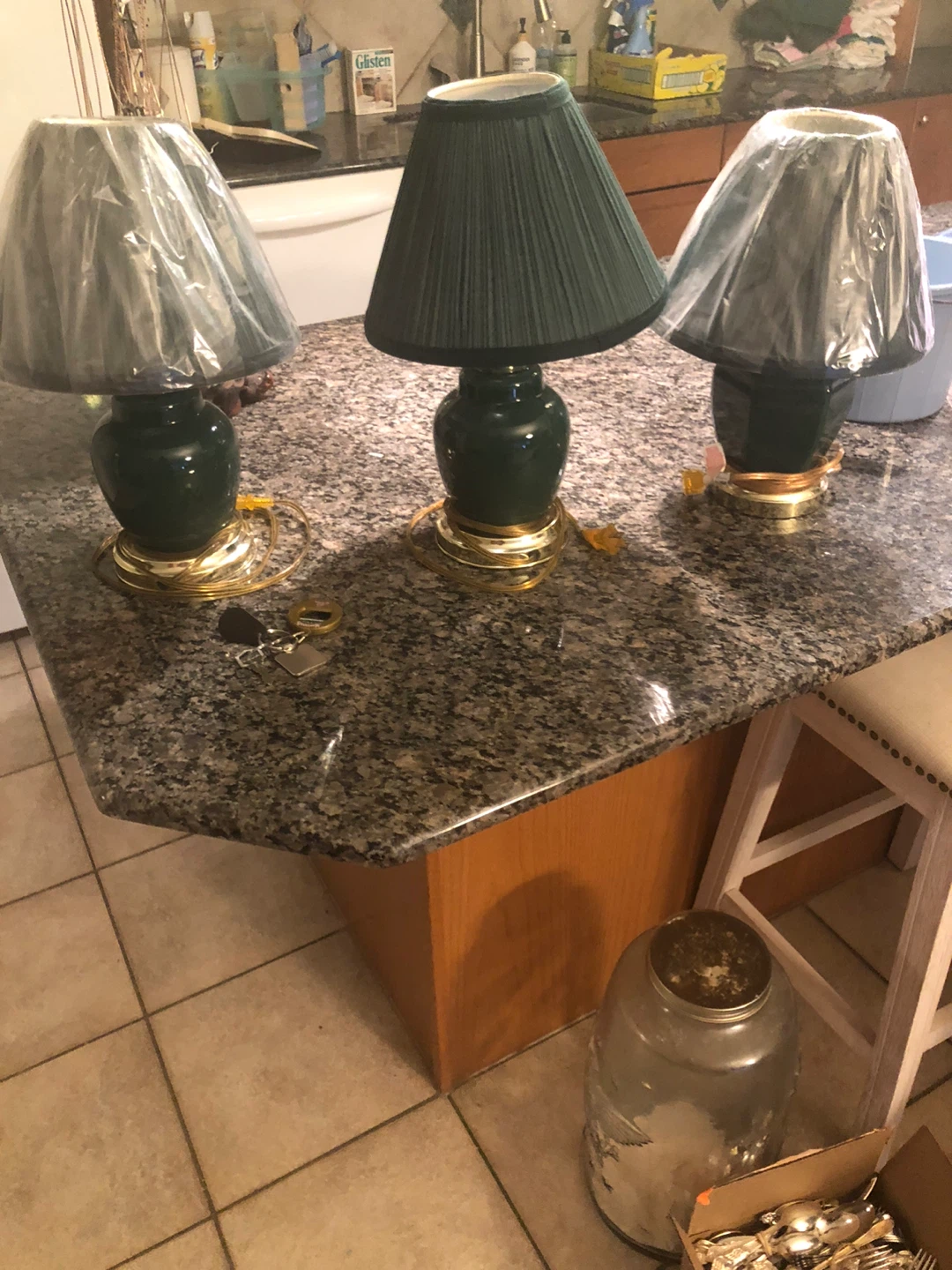 Set of 3 Green Table Lamps with Pleated Shades