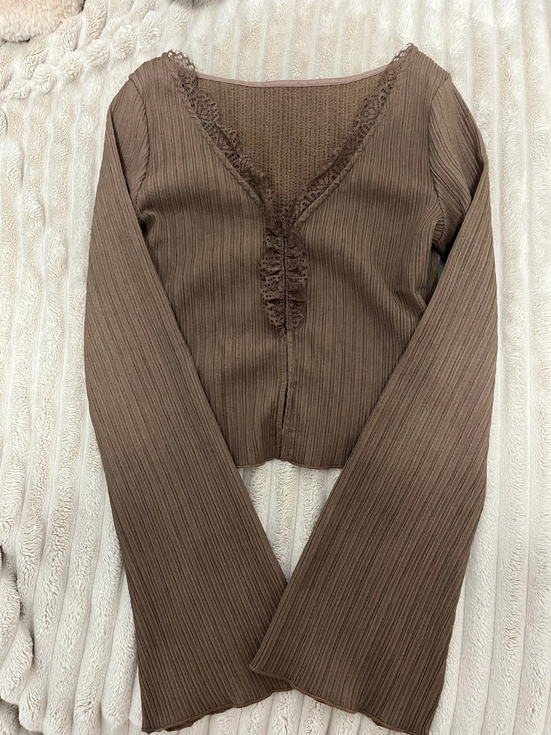 Brown Ribbed Crop Top with Lace Trim