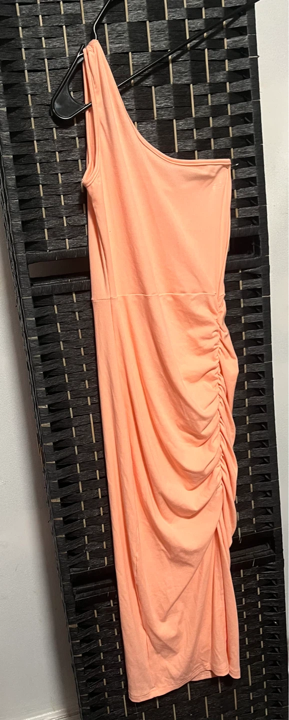 Coral One Shoulder Ruched Midi Dress
