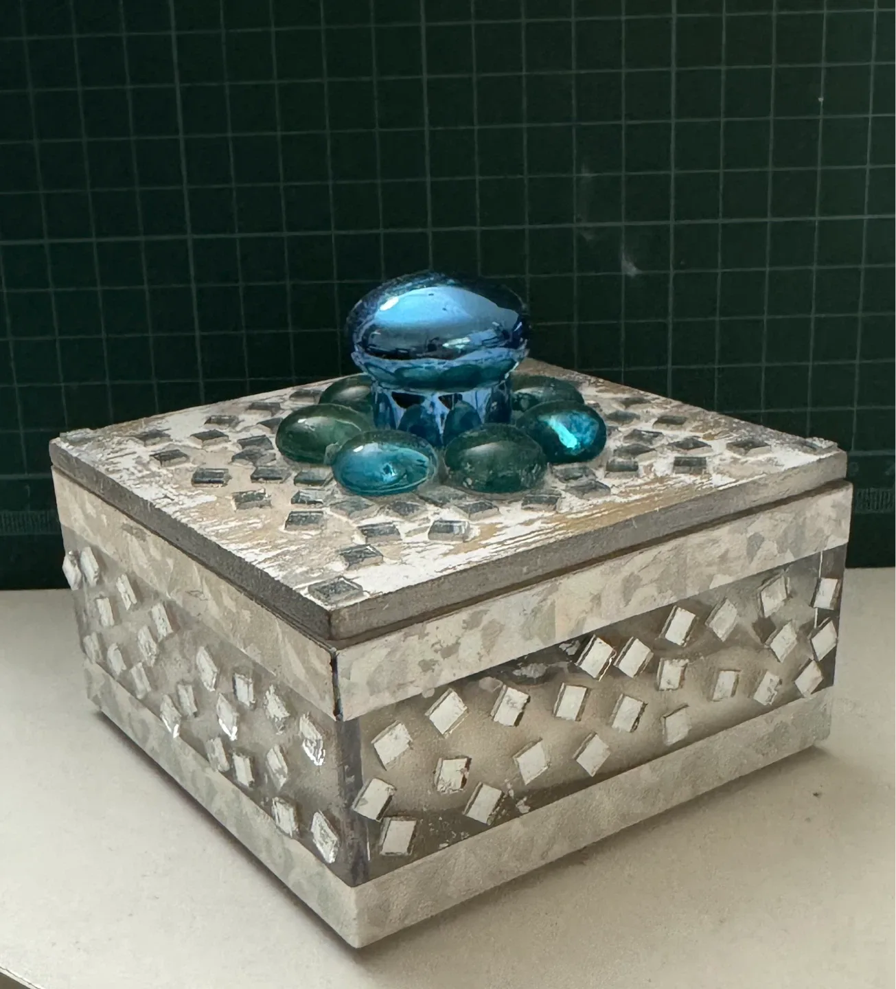Decorative Mosaic Trinket Box with Blue Glass Gems