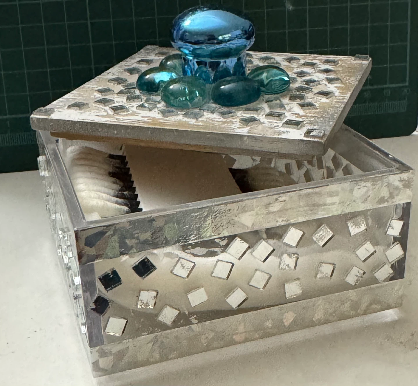Decorative Mosaic Trinket Box with Blue Glass Gems - photo 2