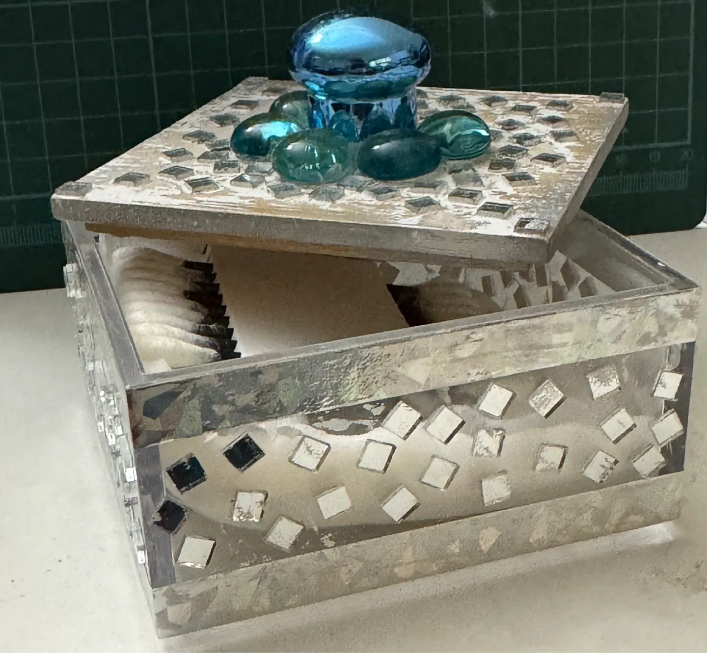 Decorative Mosaic Trinket Box with Blue Glass Gems - photo 2