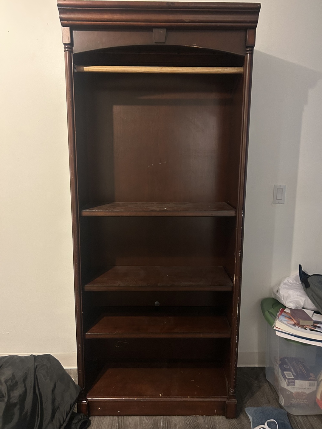 Dark Wood Bookshelf with Hanging Rod