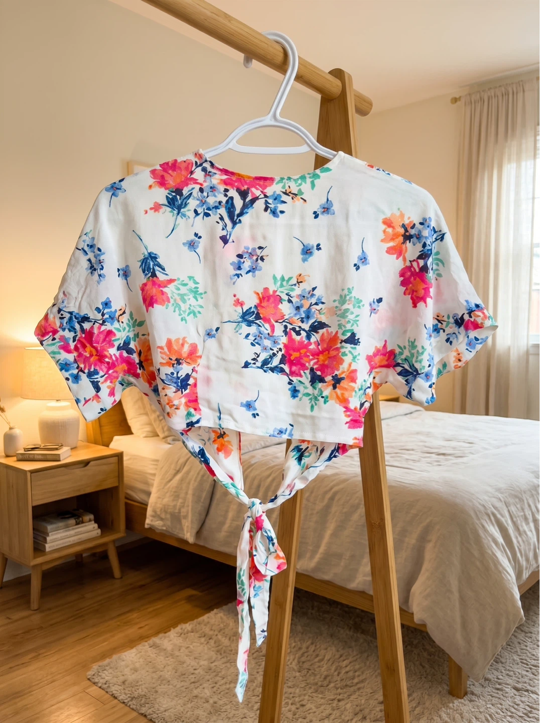 Floral Print Wrap Tie Back Crop Top - White - photo 3