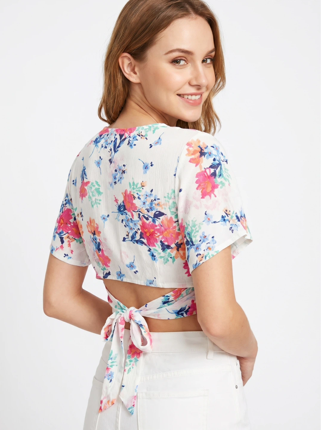 Floral Print Wrap Tie Back Crop Top - White - photo 2