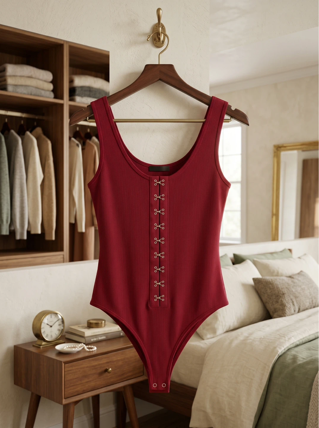 Ribbed Bodysuit with Hook and Eye Closure - Burgundy - photo 2