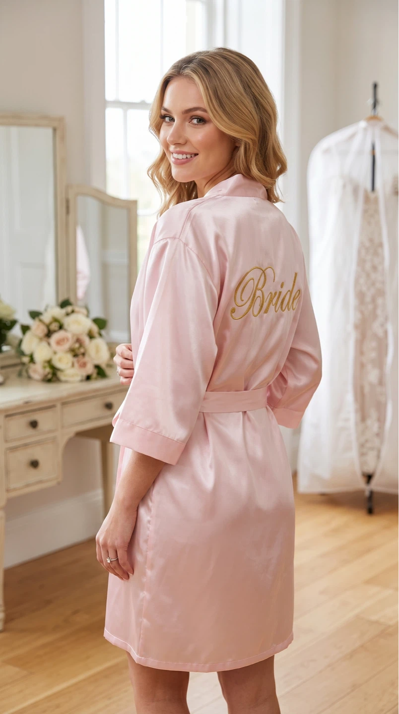 Pink Satin Robe with "Bride" Embroidery