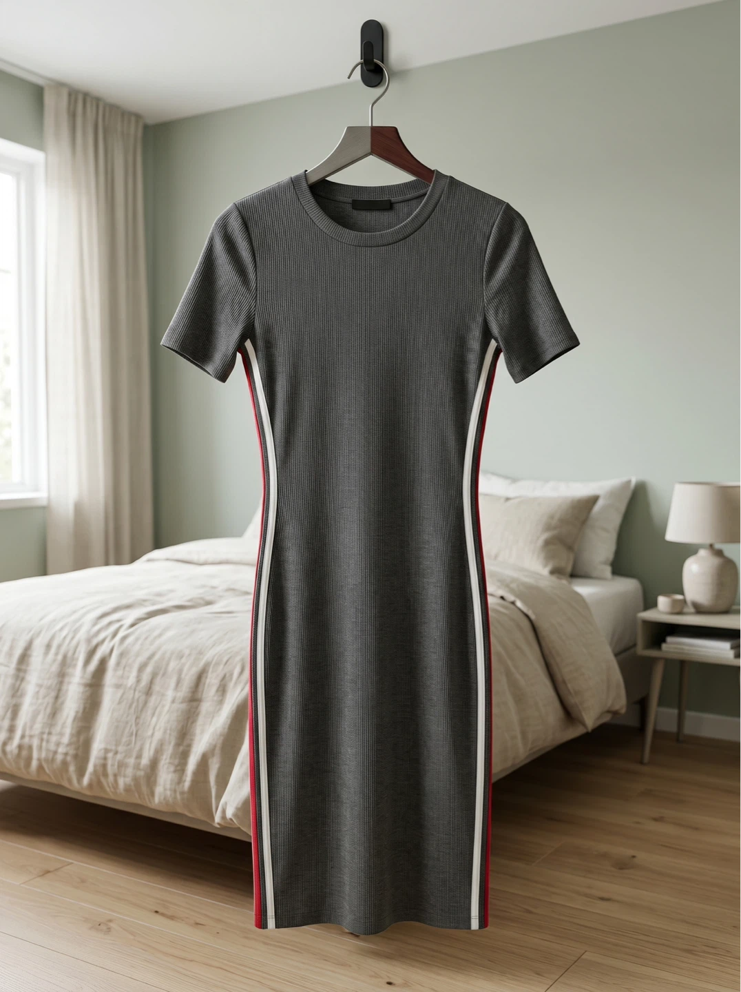 Grey Ribbed Knit Midi Dress with Side Stripes - photo 3