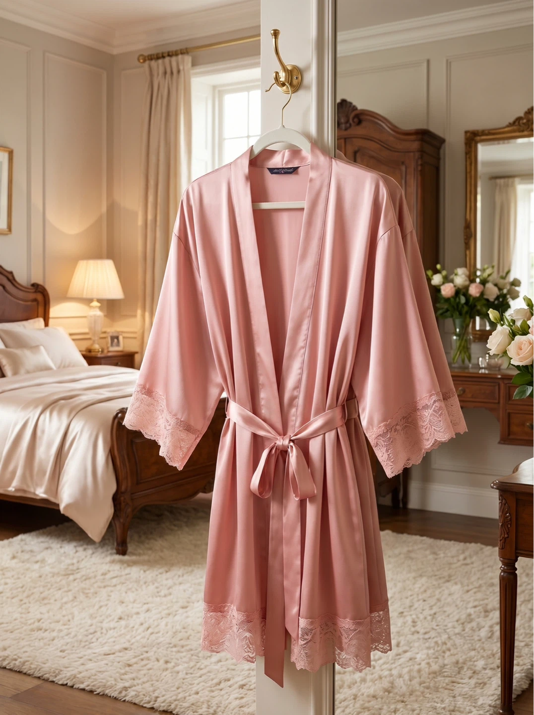 Pink Satin Robe with Lace Trim - photo 3