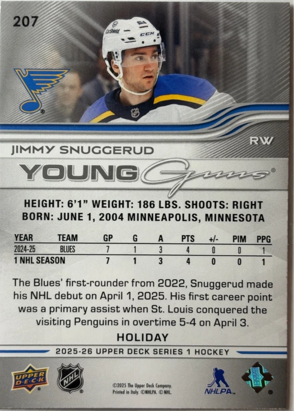 Jimmy Snuggerud 2026-26 Upper Deck Young Guns Series 1 - photo 2