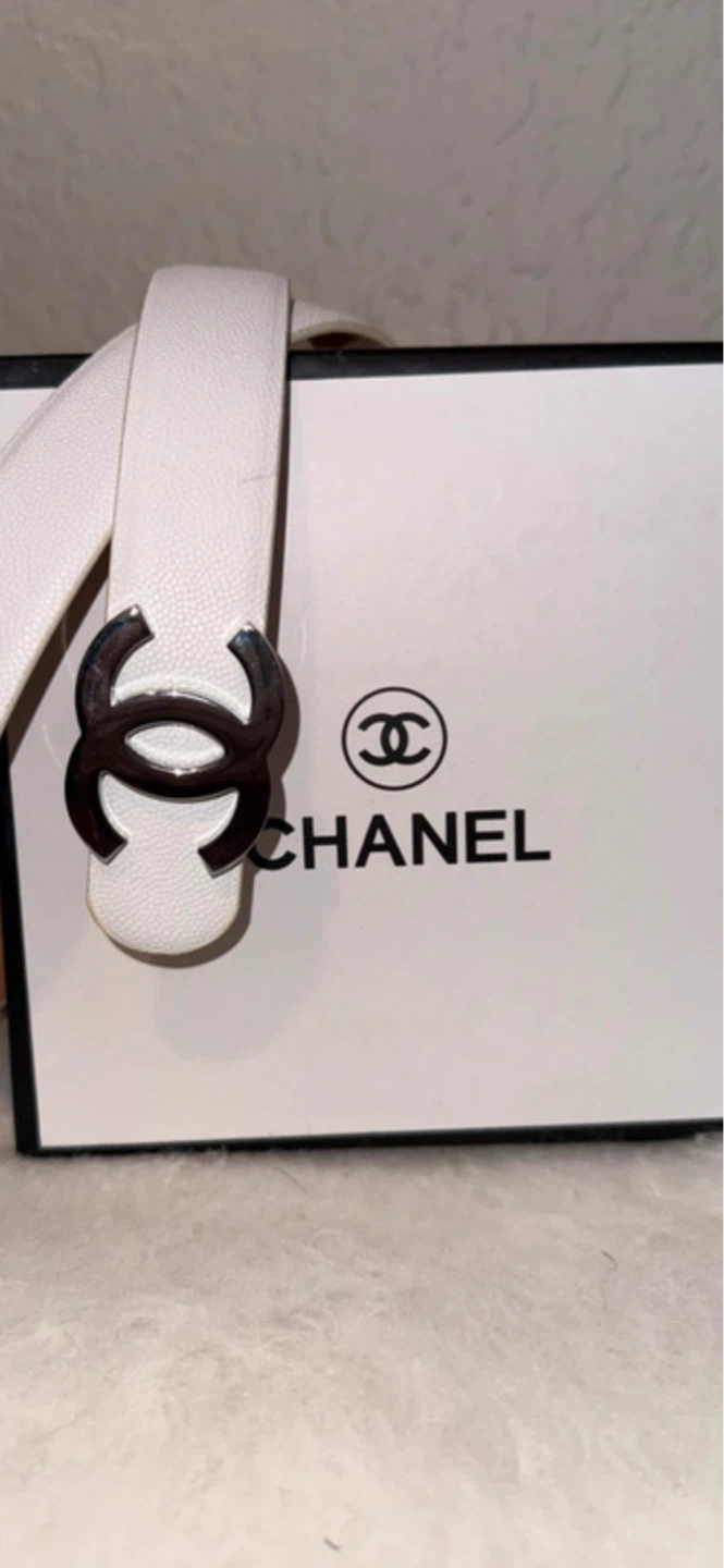 White Chanel Belt with CC Logo Buckle