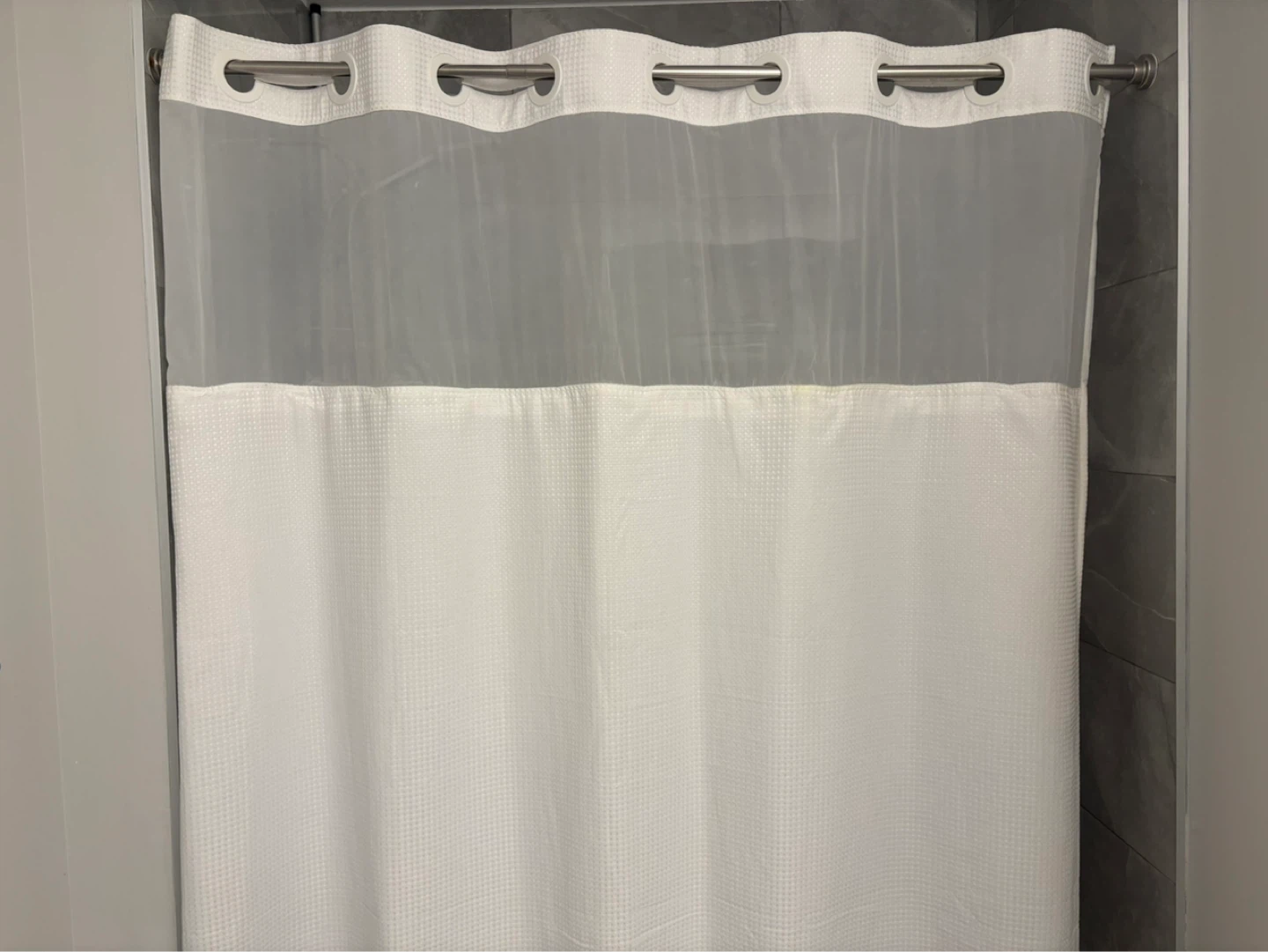 White Waffle Weave Shower Curtain with Translucent Top