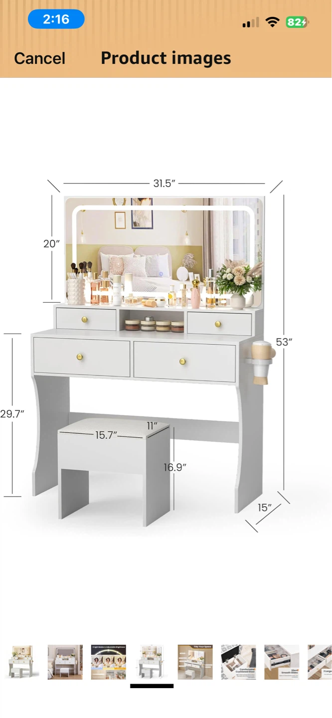 New & Assembled Vanity Desk w/ Storage Stool & Charging Station!