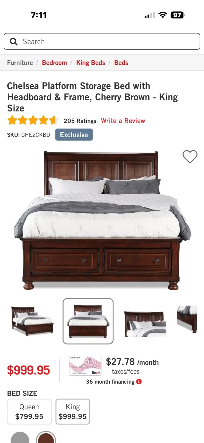 Storage Bed with Headboard & Frame - Cherry Brown - King Size