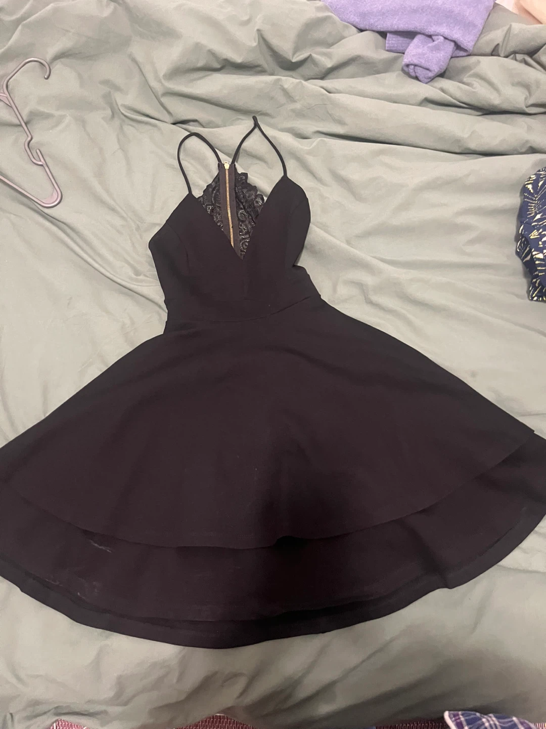 Black Lace Trimmed Fit and Flare Dress