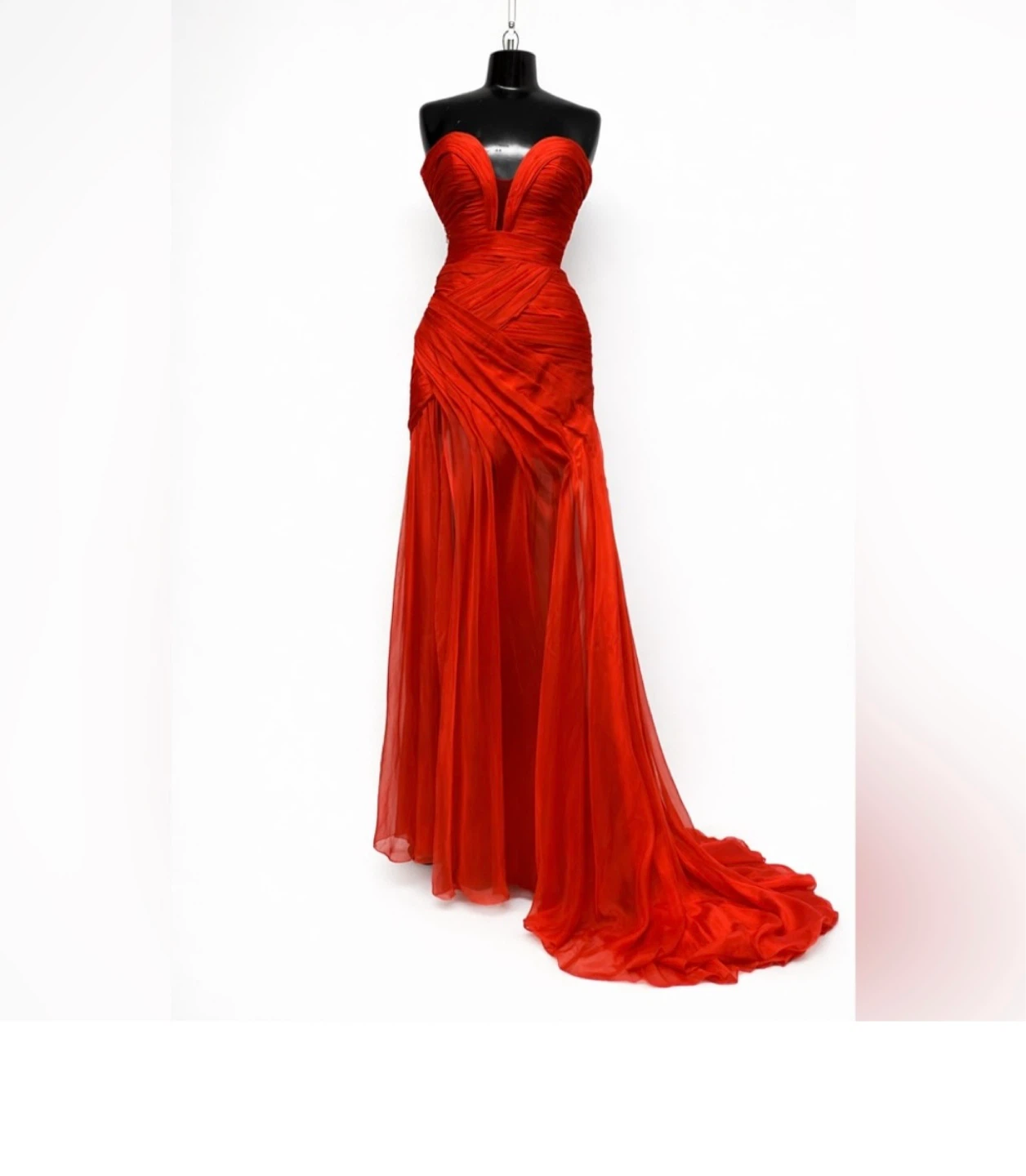 Red Strapless Gown with Deep V-Neckline and Flowing Skirt