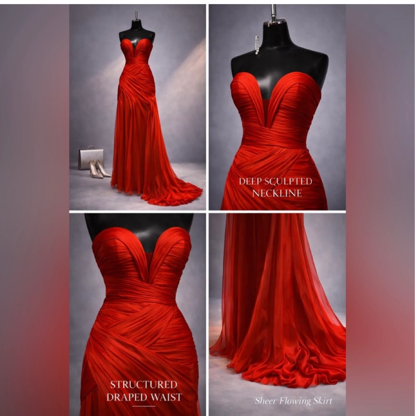 Red Strapless Gown with Deep V-Neckline and Flowing Skirt - photo 3
