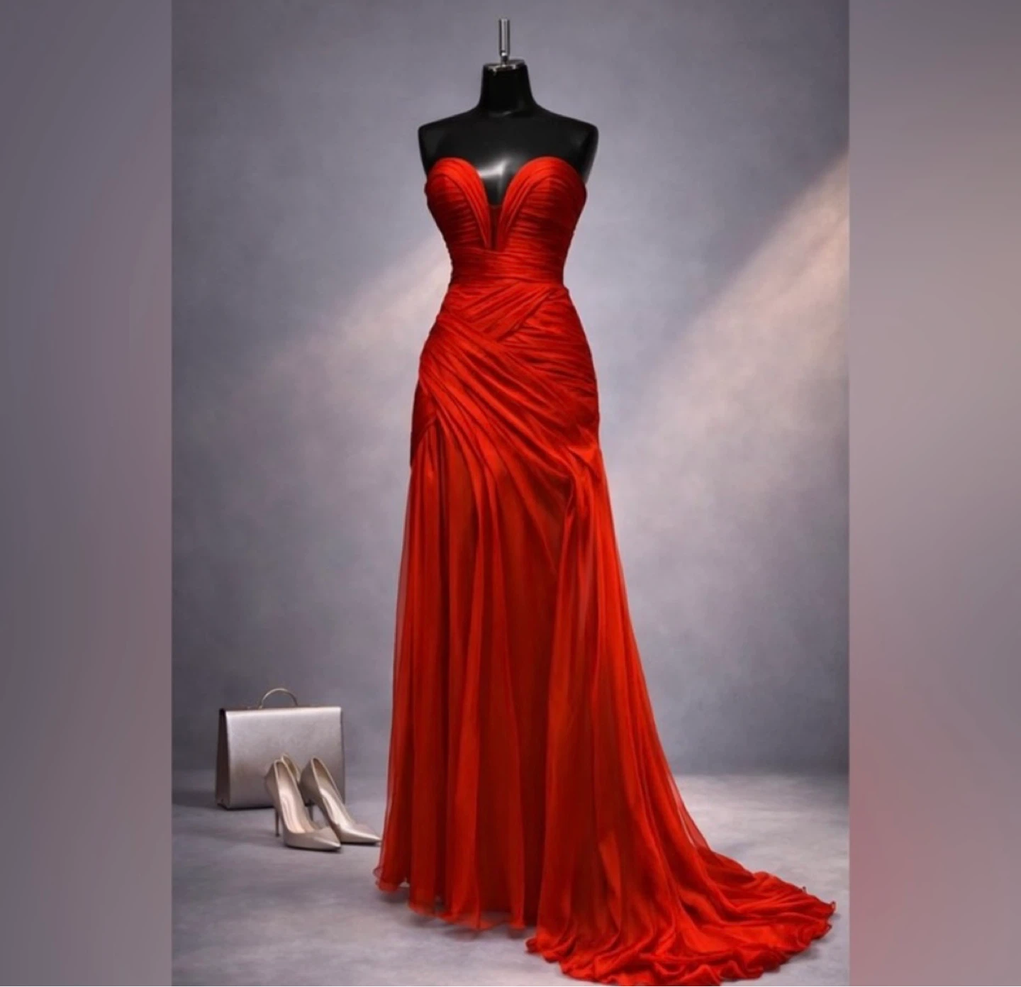 Red Strapless Gown with Deep V-Neckline and Flowing Skirt - photo 4