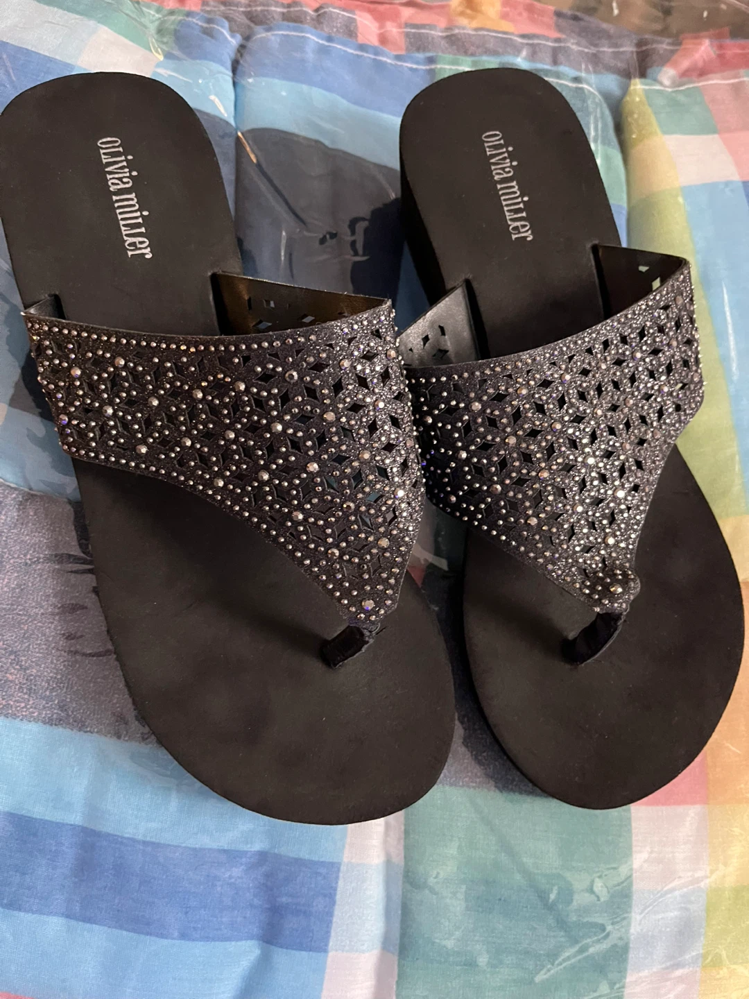 NEW Olivia Miller Women's Black Embellished Wedge Sandals