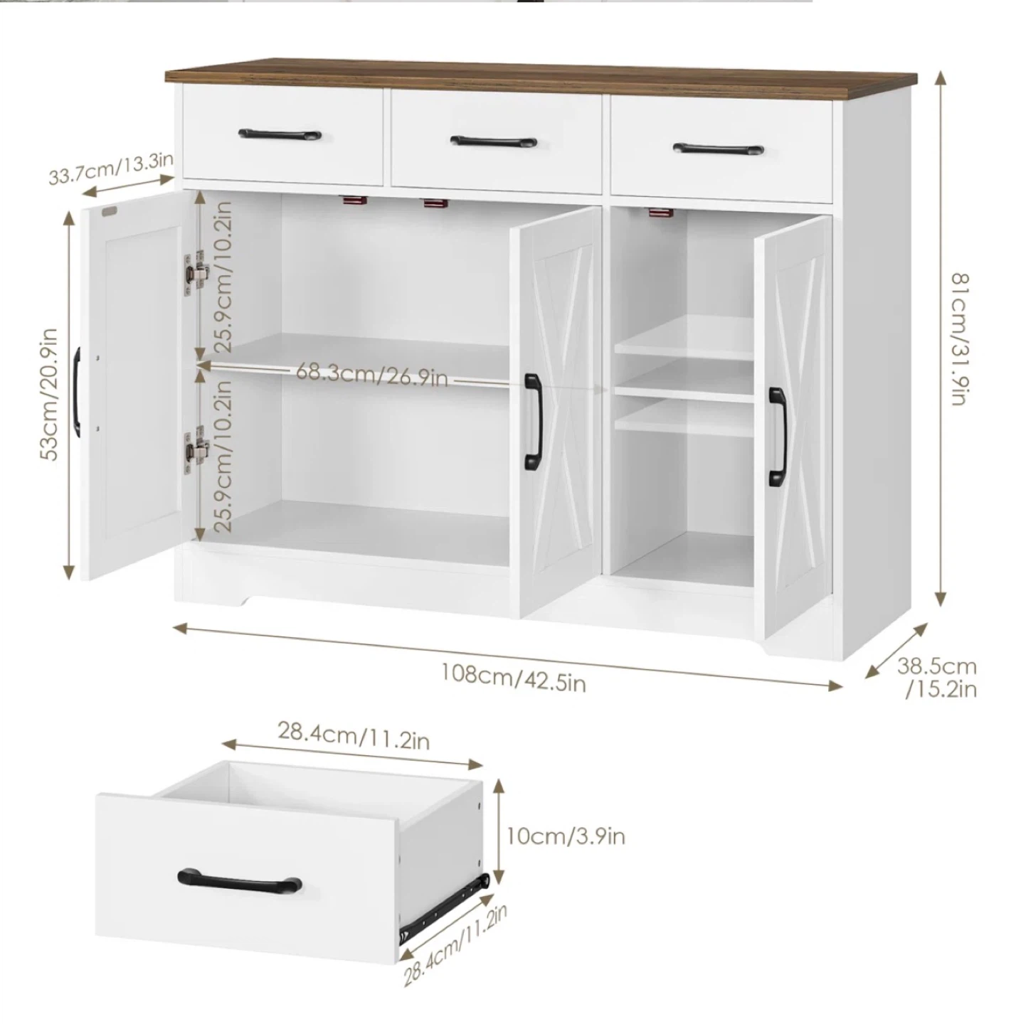White Sideboard with 3 Drawers and 3 Cabinets - photo 2