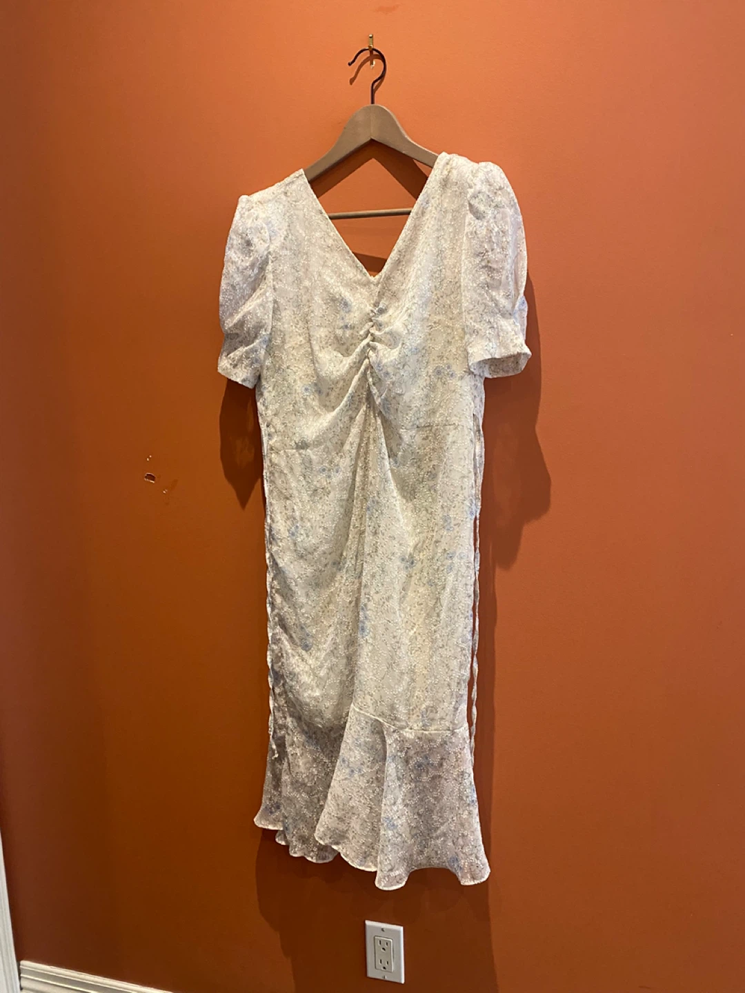 White Floral Ruched Midi Dress