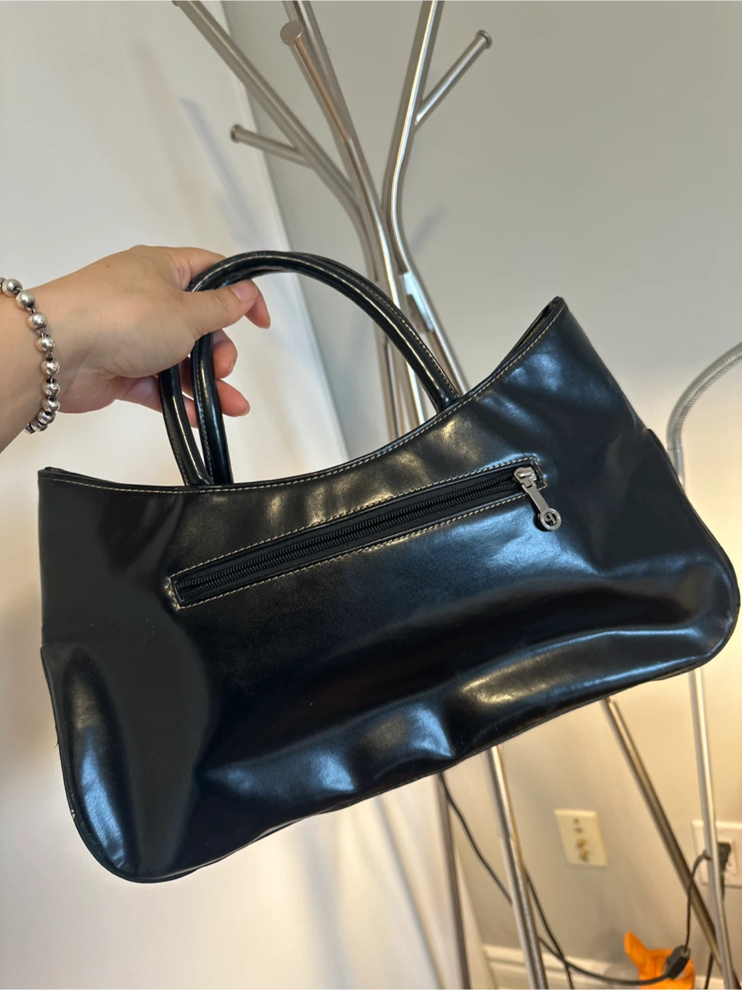 Black Faux Leather Tote Bag with Floral Accent - photo 3