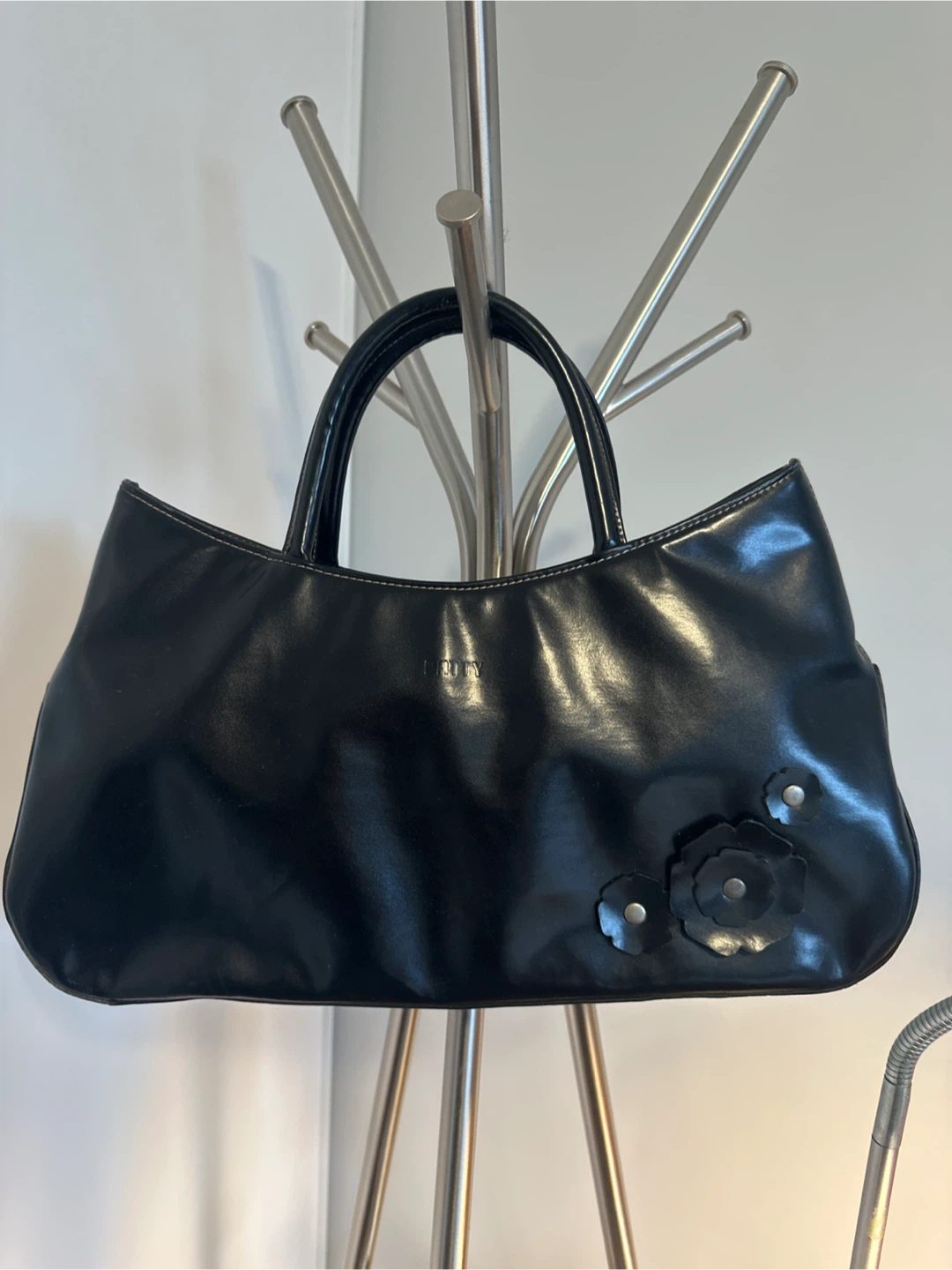Black Faux Leather Tote Bag with Floral Accent