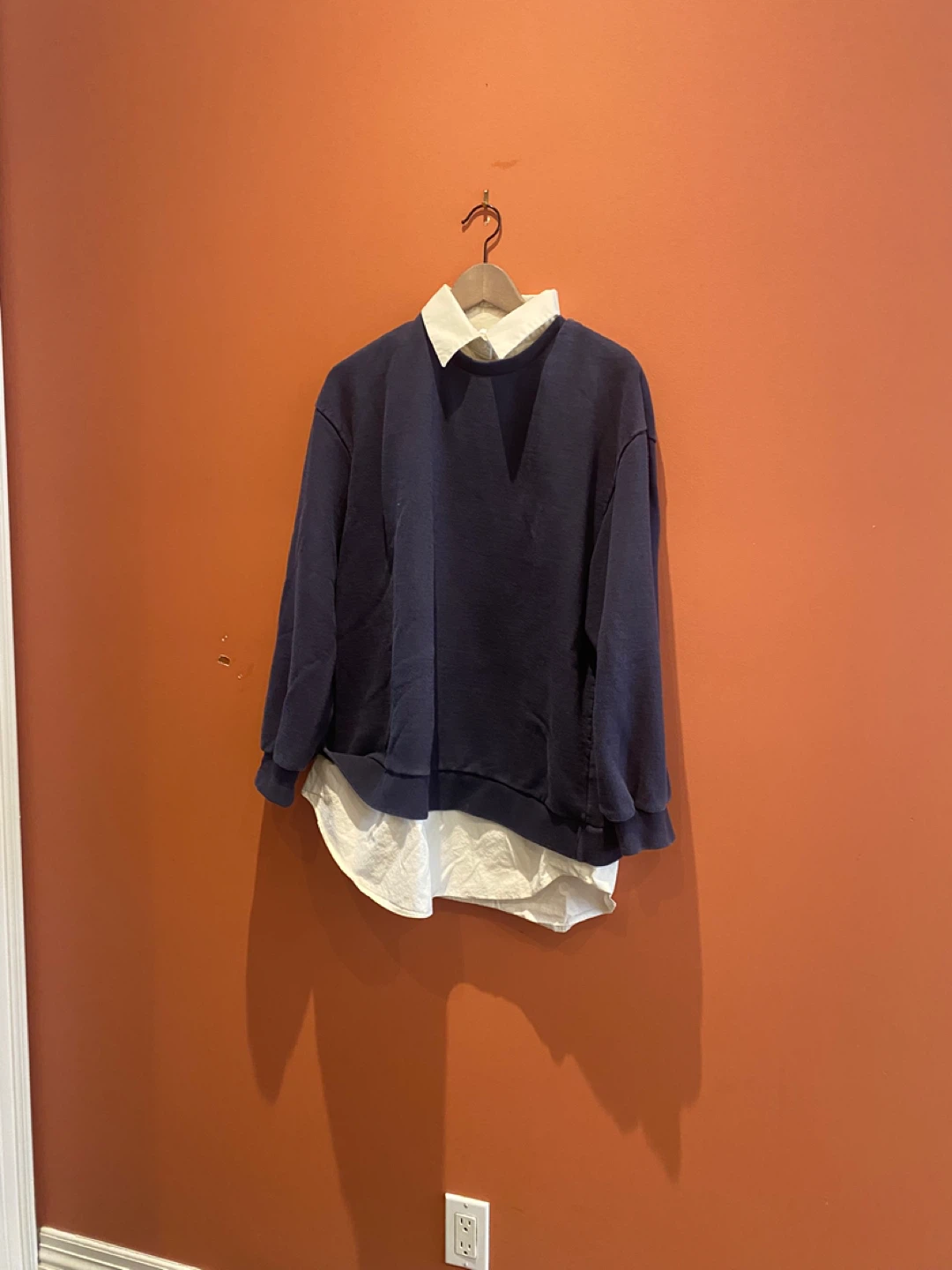 Navy Blue Sweatshirt with White Collared Shirt Underlay