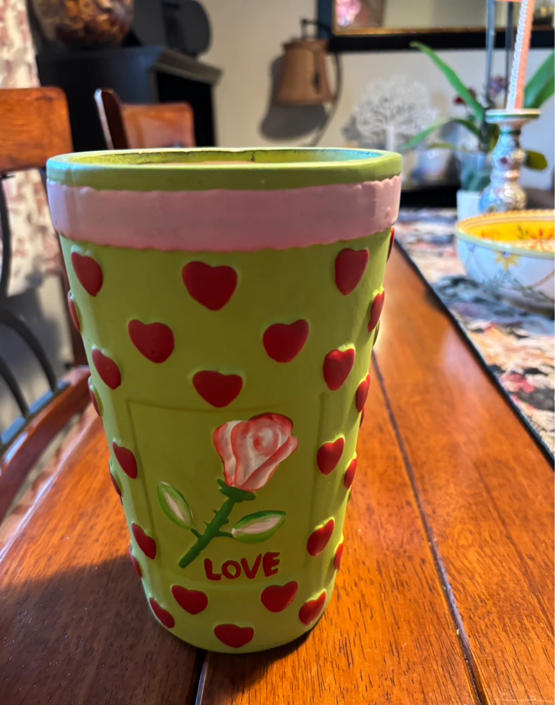 Decorative Pot with Hearts and Rose Design