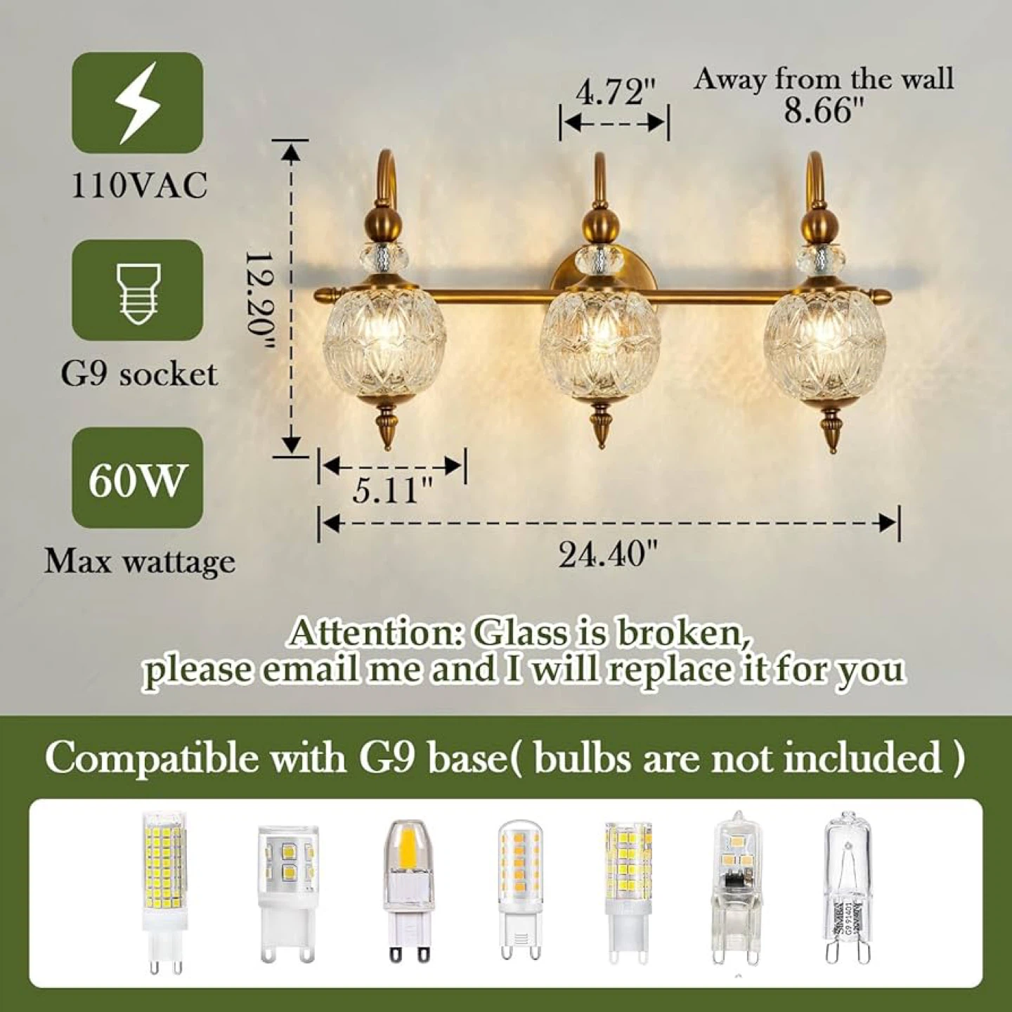 Piepooye 3-Light Vanity Light Fixture with Crystal Glass Shades - photo 2