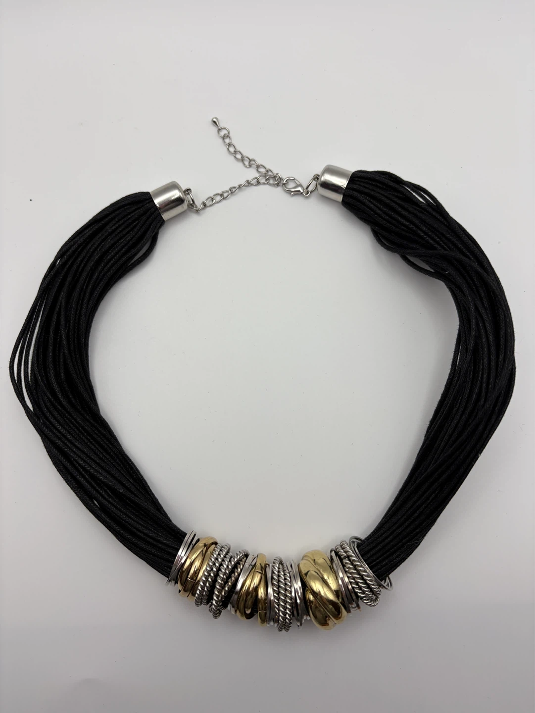 Black Cord Necklace with Gold and Silver Tone Accent Rings - photo 3
