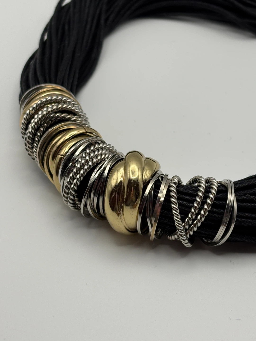 Black Cord Necklace with Gold and Silver Tone Accent Rings - photo 4