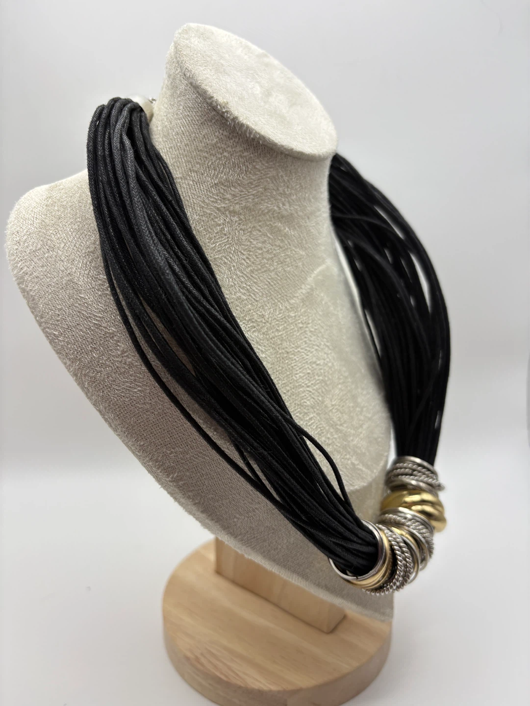 Black Cord Necklace with Gold and Silver Tone Accent Rings - photo 2