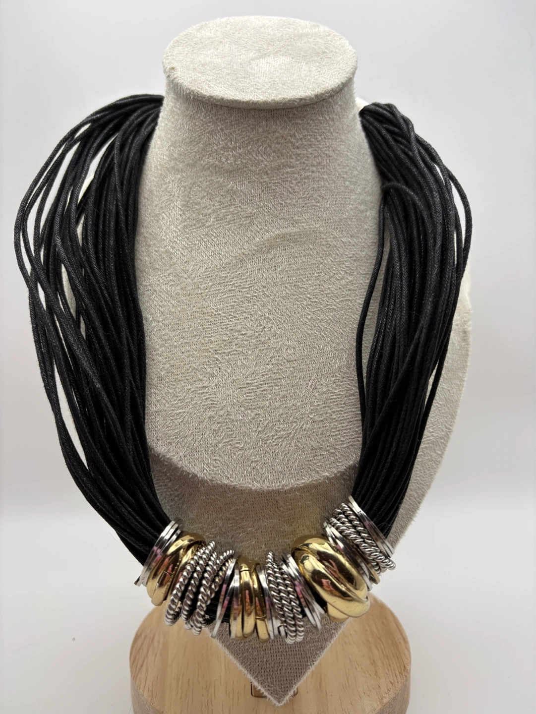 Black Cord Necklace with Gold and Silver Tone Accent Rings