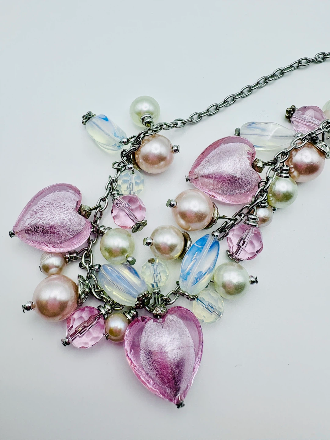 Poppy pink hearts and pearls necklace