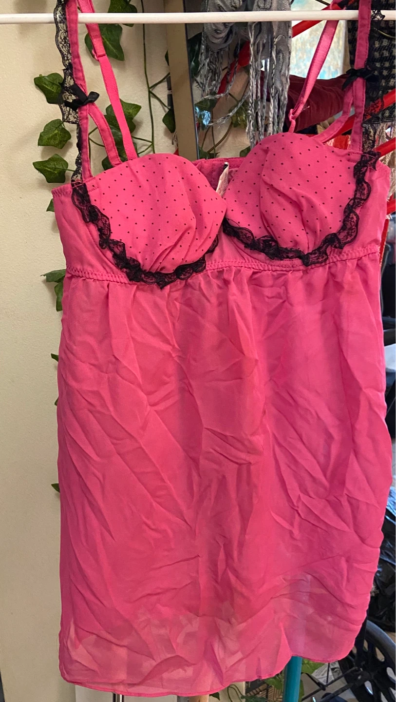 32A - Pink Babydoll Lingerie with Black Lace Trim