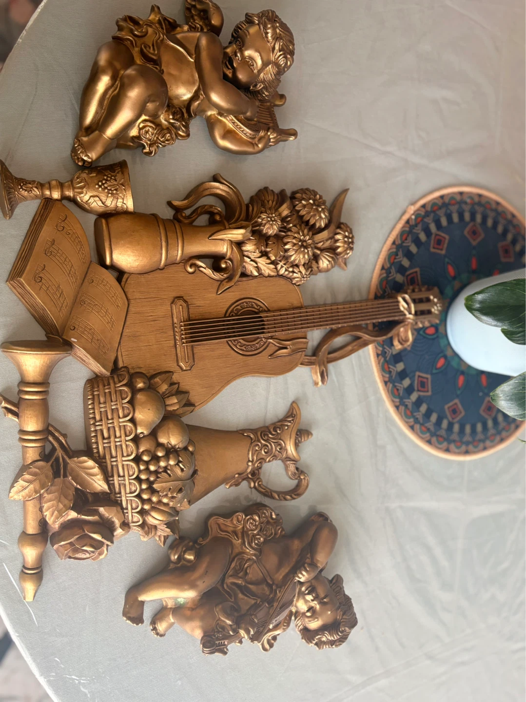 Gold Tone Cherub and Musical Themed Wall Art Set