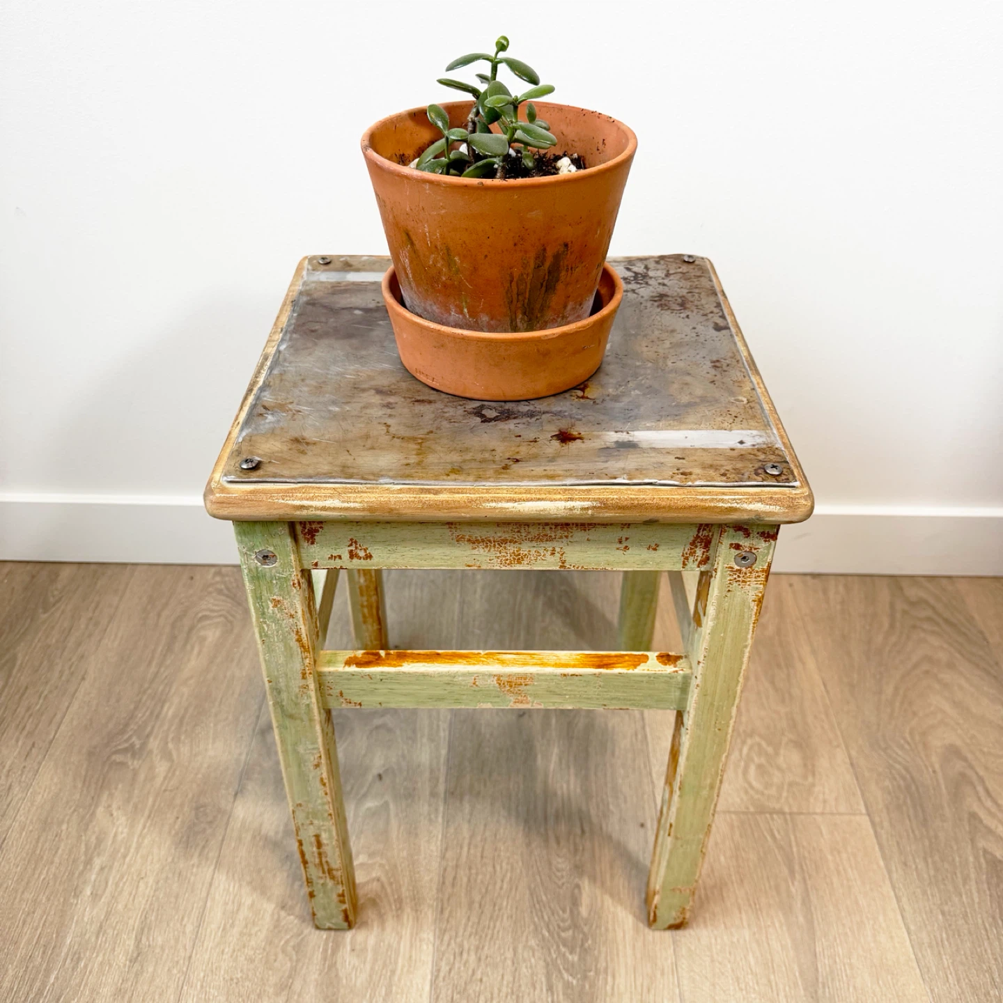 Rustic wood side table / reclaimed metal top