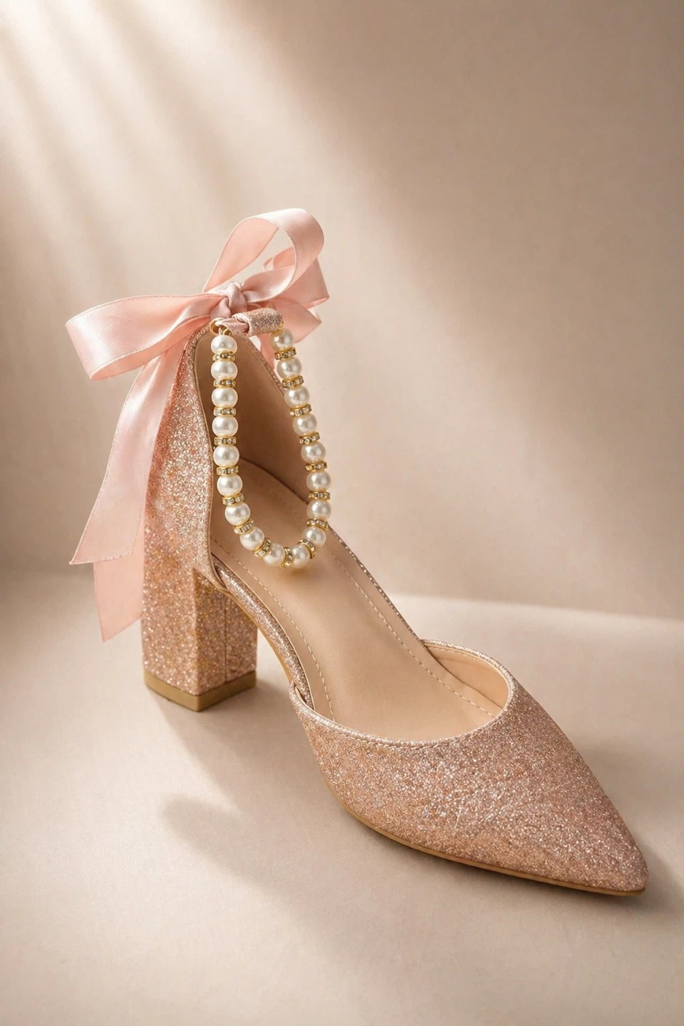 Chaussures à talons roses pailletées avec nœud et perles