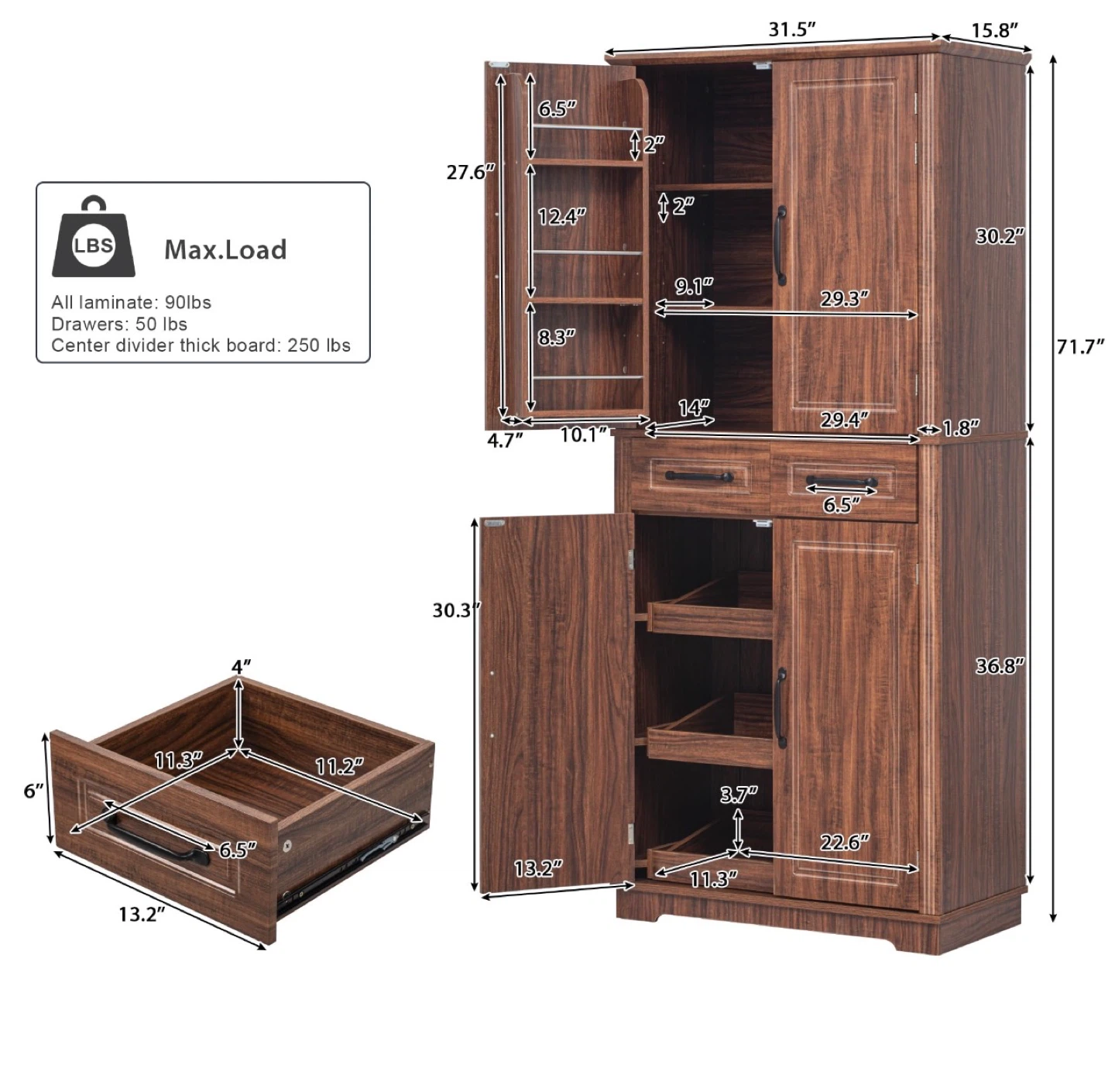 Large Wooden Kitchen Pantry Cabinet with 2 Drawers