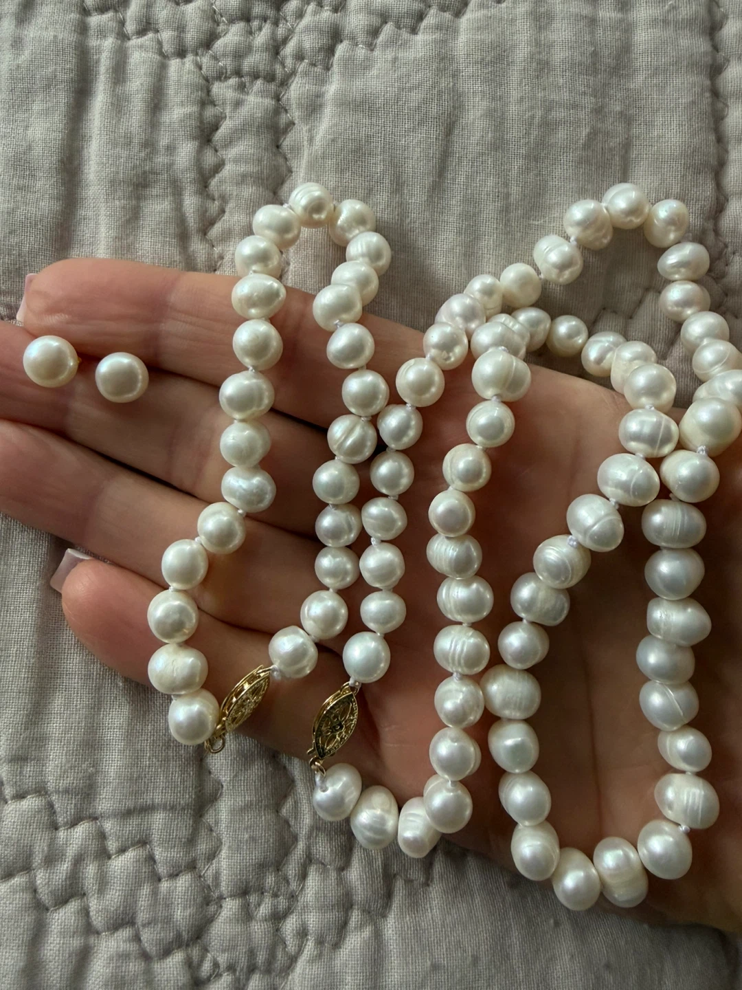 Gold real pearl earrings necklace bracelet