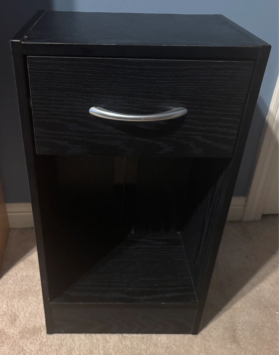 Black two-tier nightstand with drawer (12” x 9” x 21”)